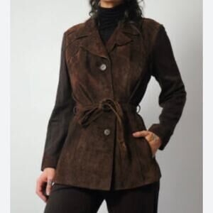 Vintage 70s 90s Y2K NY & Co Chocolate Brown Suede Belted Coat